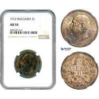 AJ557, Bulgaria, Ferdinand I, 2 Leva 1912, Kremnitz Mint, Silver, NGC AU55