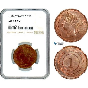 AJ565, Straits Settlements, Victoria, 1 Cent 1887, London Mint, NGC MS63BN, Top Pop!