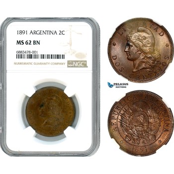 AJ567, Argentina, 2 Centavos 1891, NGC MS62BN