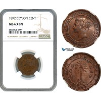 AJ574, Ceylon, Victoria, 1 Cent 1892, Calcutta Mint, NGC MS63BN