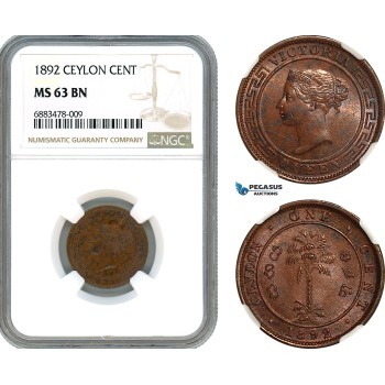 AJ574, Ceylon, Victoria, 1 Cent 1892, Calcutta Mint, NGC MS63BN