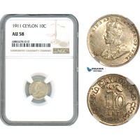 AJ575, Ceylon, George V, 10 Cents 1911, London Mint, Silver, NGC AU58