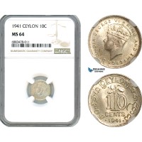 AJ576, Ceylon, George VI, 10 Cents 1941, Calcutta Mint, Silver, NGC MS64