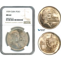 AJ579, Cuba, "ABC" Peso 1939, Philadelphia Mint, Silver, NGC MS62