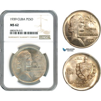 AJ579, Cuba, "ABC" Peso 1939, Philadelphia Mint, Silver, NGC MS62