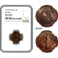 AJ580, France, Louis XVI, 3 Deniers 1792 D, Lyon Mint, KM-608, NGC MS62BN