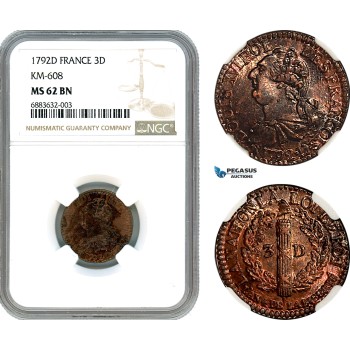 AJ580, France, Louis XVI, 3 Deniers 1792 D, Lyon Mint, KM-608, NGC MS62BN