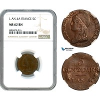 AJ581, France, First Republic, 5 Centimes L'An 4 A (1795), Paris Mint, NGC MS62BN