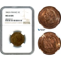 AJ582, France, Napoleon III, 5 Centimes 1862 A, Paris Mint, NGC MS64BN