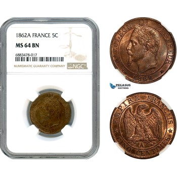 AJ582, France, Napoleon III, 5 Centimes 1862 A, Paris Mint, NGC MS64BN