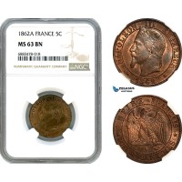 AJ583, France, Napoleon III, 5 Centimes 1862 A, Paris Mint, NGC MS63BN