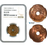 AJ584, French Indo-China, 1 Cent 1922, Thunderbolt, Poissy Mint, NGC MS64RB
