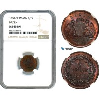 AJ585, Germany, Baden, Frederick I, 1/2 Kreuzer 1860, Karlsruhe Mint, NGC MS65BN, Top Pop!