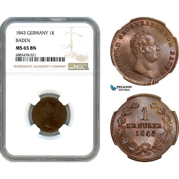 AJ586, Germany, Baden, Leopold I, 1 Kreuzer 1843, NGC MS65BN, Top Pop!