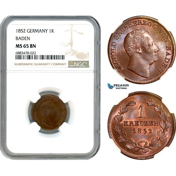 AJ587, Germany, Baden, Leopold I, 1 Kreuzer 1852, NGC MS65BN, Top Pop!