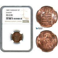 AJ588, Germany, Saxony, Frederick August II, 2 Pfennige 1849 F, Dresden Mint, NGC MS63BN, Top Pop!
