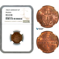 AJ589, Germany, Prussia, Wilhelm I, 2 Pfennige 1862 A, Berlin Mint, NGC MS64RB, Top Pop!