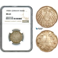 AJ593, Germany, Wilhelm II, 1 Mark 1908 A, Berlin Mint, SIlver, NGC MS63