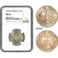 AJ594, Germany, Weimar, 2 Reichsmark 1925 F, Stuttgart Mint, SIlver, NGC MS62
