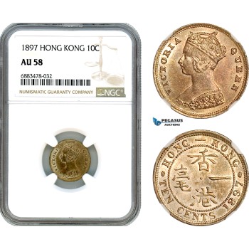 AJ595, Hong Kong, Victoria, 10 Cents 1897, London Mint, Silver, NGC AU58