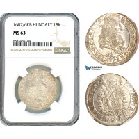 AJ596, Hungary, Leopold I, 15 Kreuzer 1687/6 KB, Kremnitz Mint, Silver, NGC MS63