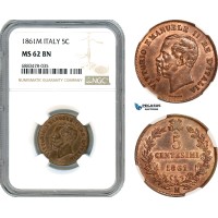 AJ597, Italy, Vitt. Emanuele II, 5 Centesimi 1861 M, Milan Mint, NGC MS62BN