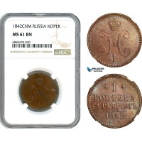 AJ599, Russia, Nicholas I, 1 Kopek 1842 СПМ, Izhora Mint, NGC MS61BN