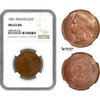 AJ601, Straits Settlements, Victoria, 1 Cent 1901, London Mint, NGC MS63BN