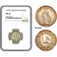 AJ602, Switzerland, 1 Franc 1920 B, Bern Mint, Silver, NGC MS62