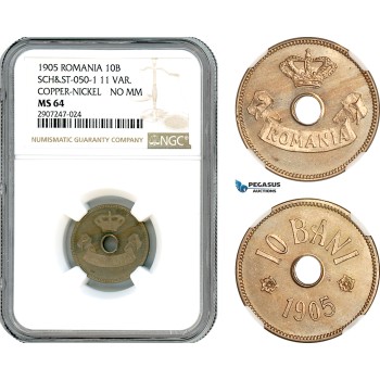 AJ603, Romania, Carol I, Pattern 10 Bani 1905, Brussels Mint, Schäffer/Stambuliu 050-1 11 var., Copper-Nickel Variant, NGC MS64, Rare!