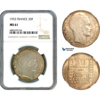 AJ606, France, Third Republic, 20 Francs 1933, Paris Mint, Silver, NGC MS61