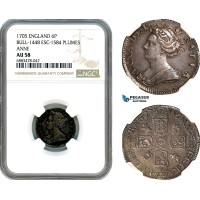 AJ607, Great Britain, Anne, 6 Pence 1705, London Mint, Bull-1448, Esc-1584 Plumes, Silver, NGC AU58, Undergraded!