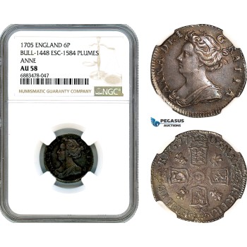 AJ607, Great Britain, Anne, 6 Pence 1705, London Mint, Bull-1448, Esc-1584 Plumes, Silver, NGC AU58, Undergraded!