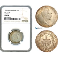 AJ613, Germany, Prussia, Frederick William III, 1/6 Taler 1813 A, Berlin Mint, Silver, NGC MS64, Top Pop!