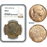 AJ614, Latvia, 5 Lati 1929, London Mint, Silver, NGC MS62