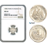 AJ615, Mexico, 5 Centavos 1880/76 MO M, Overdate Variety, Mexico City Mint, Silver, NGC MS64