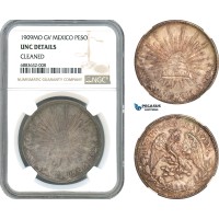 AJ616, Mexico, 1 Peso 1909 MO GV, Mexico City Mint, Silver, NGC UNC Details