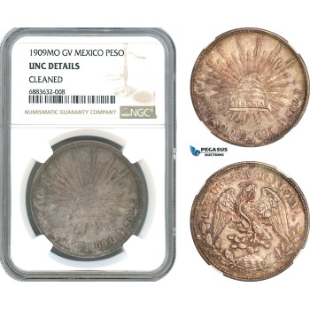 AJ616, Mexico, 1 Peso 1909 MO GV, Mexico City Mint, Silver, NGC UNC Details