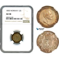 AJ618, Norway, Oscar I, 12 Skilling 1850, Kongsberg Mint, Silver, NGC AU58