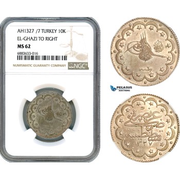 AJ624, Turkey, Ottoman Empire, Mehmed Reshad V, 10 Kurush AH1327//7, El-Ghazi to Right, Konstantiniye Mint, Silver, NGC MS62
