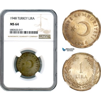 AJ625, Turkey, 1 Lira 1948, Silver, NGC MS64