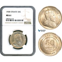 AJ626, Straits Settlements, Edward VII, 50 Cents 1908, Silver, London Mint, NGC MS61