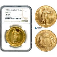 AJ638, Hungary, Franz Joseph, Restrike 100 Korona 1908 KB, Kremnitz Mint, Gold, NGC MS67
