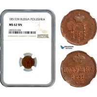 AJ679, Russia, Nicholas I, Polushka 1851 EM, Ekaterinburg Mint, NGC MS62BN