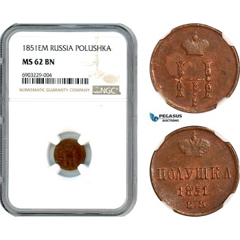 AJ679, Russia, Nicholas I, Polushka 1851 EM, Ekaterinburg Mint, NGC MS62BN