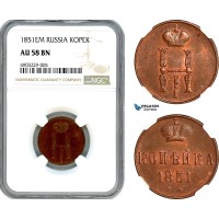 AJ680, Russia, Nicholas I, 1 Kopek 1851 EM, Ekaterinburg Mint, NGC AU58BN