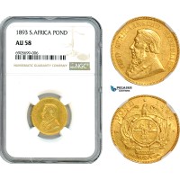 AJ683, South Africa (ZAR) 1 Pond 1893, Pretoria Mint, Gold, NGC AU58, Rare!