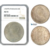 AJ684, Bolivia, Charles III, 8 Reales 1787 PTS PR, Potosi Mint, Silver, NGC AU55