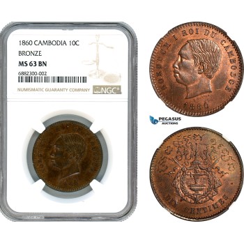 AJ685, Cambodia, Norodom I, 10 Centimes 1860, Bronze, NGC MS63BN