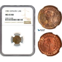 AJ686, Ceylon, Victoria, 1/4 Cent 1901, Calcutta Mint, NGC MS65RB